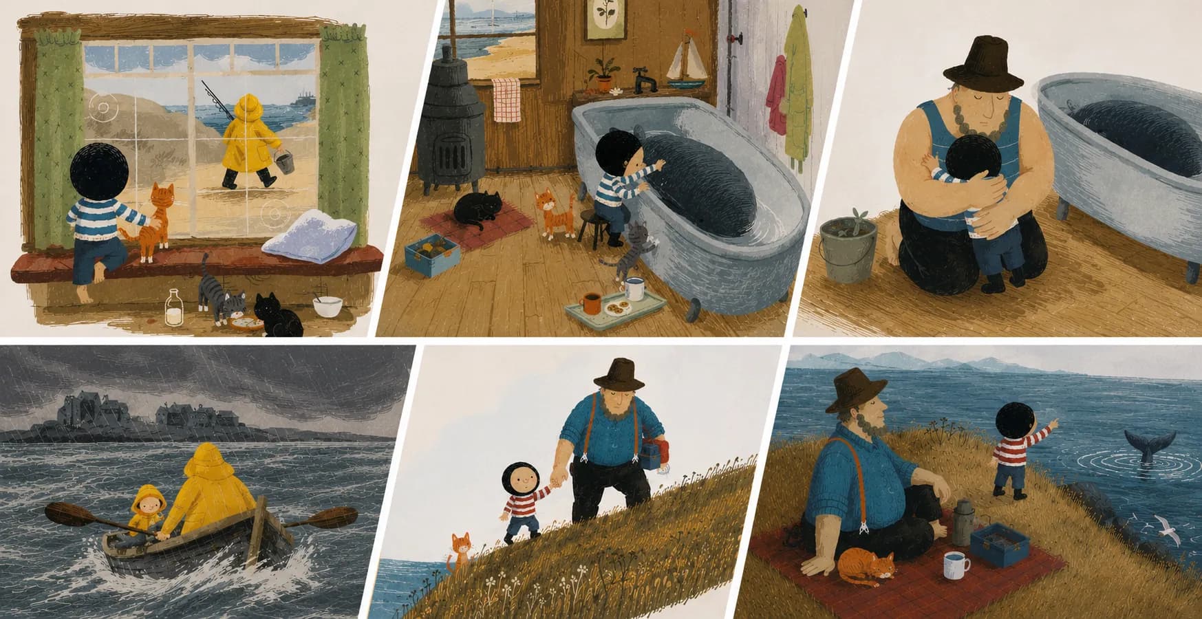 Illustrations from The Storm Whale showing scenes of Noi and the whale
