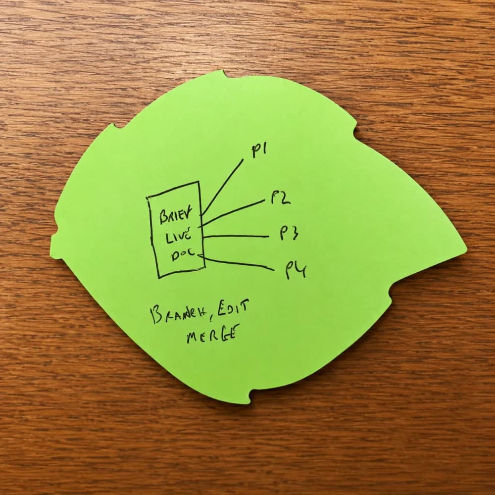 A handwritten sticky note sketching a document that branches into P1–P4, labelled ‘branch, edit, merge’