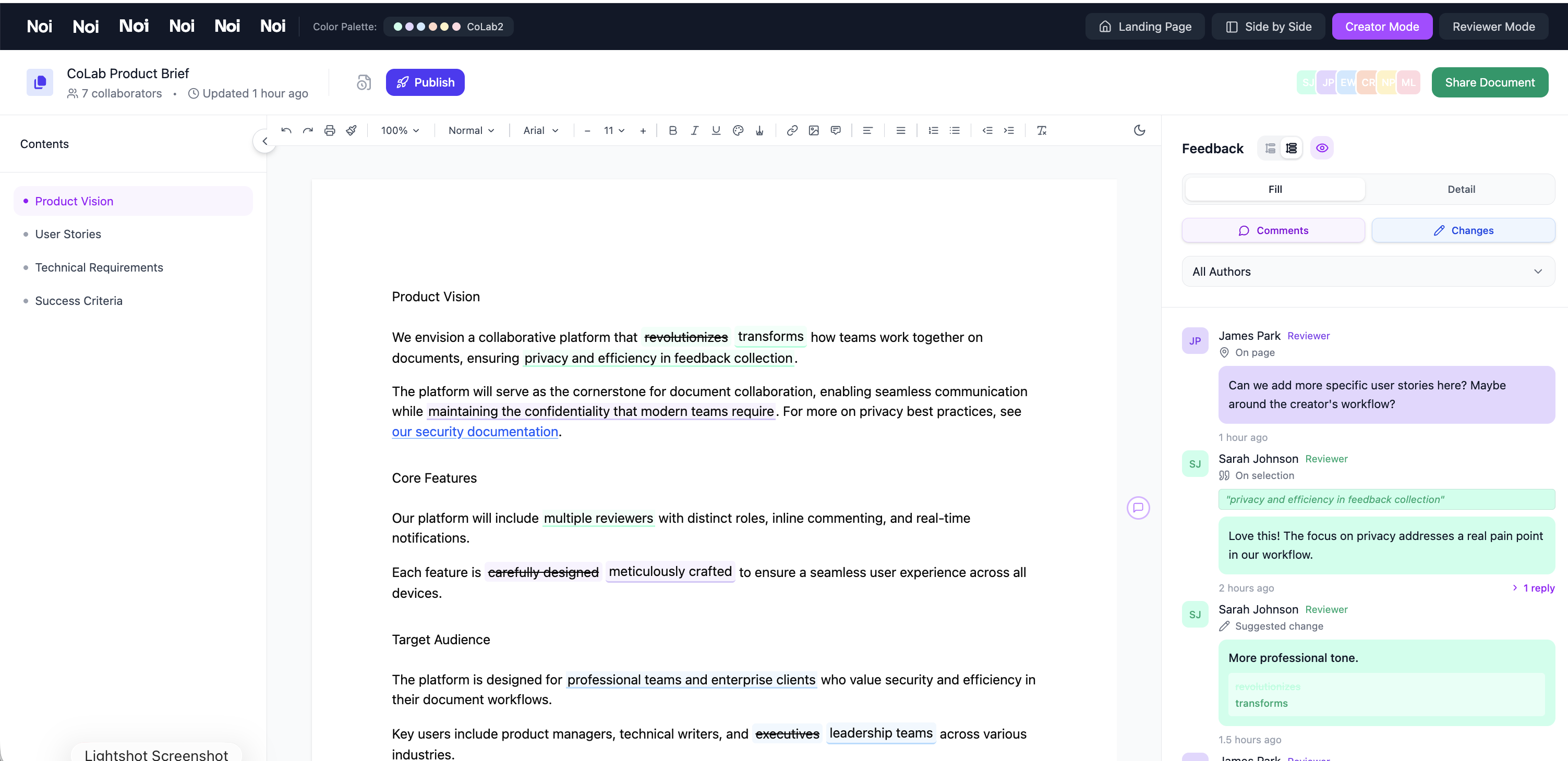 The Noi Docs editor: a document open with a private feedback panel of comments and suggested changes on the right
