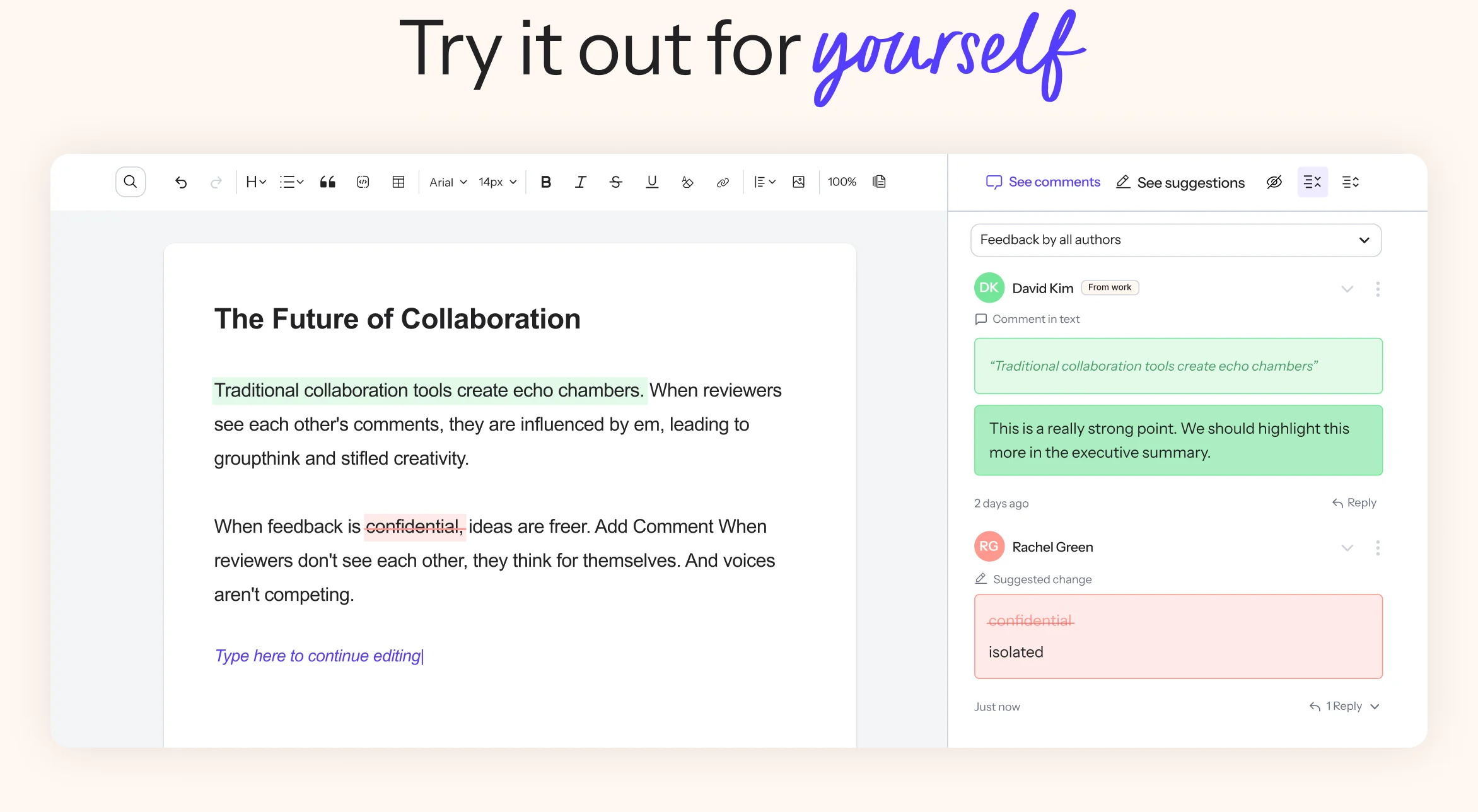 Noi Docs editor showing a document with private reviewer comments — each reviewer's feedback is isolated and visible only to the author